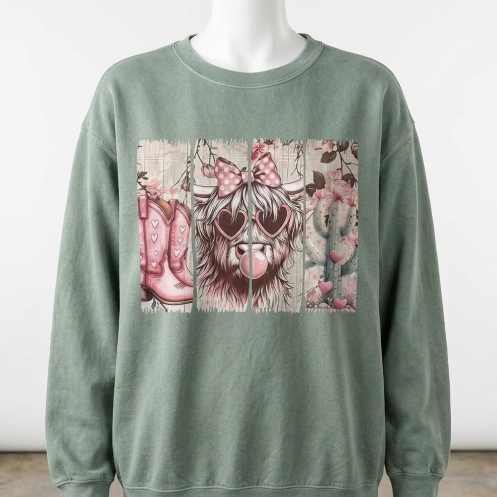 Vintage Wash Green Highland Cow Western Graphic Sweatshirt Large Boho Country